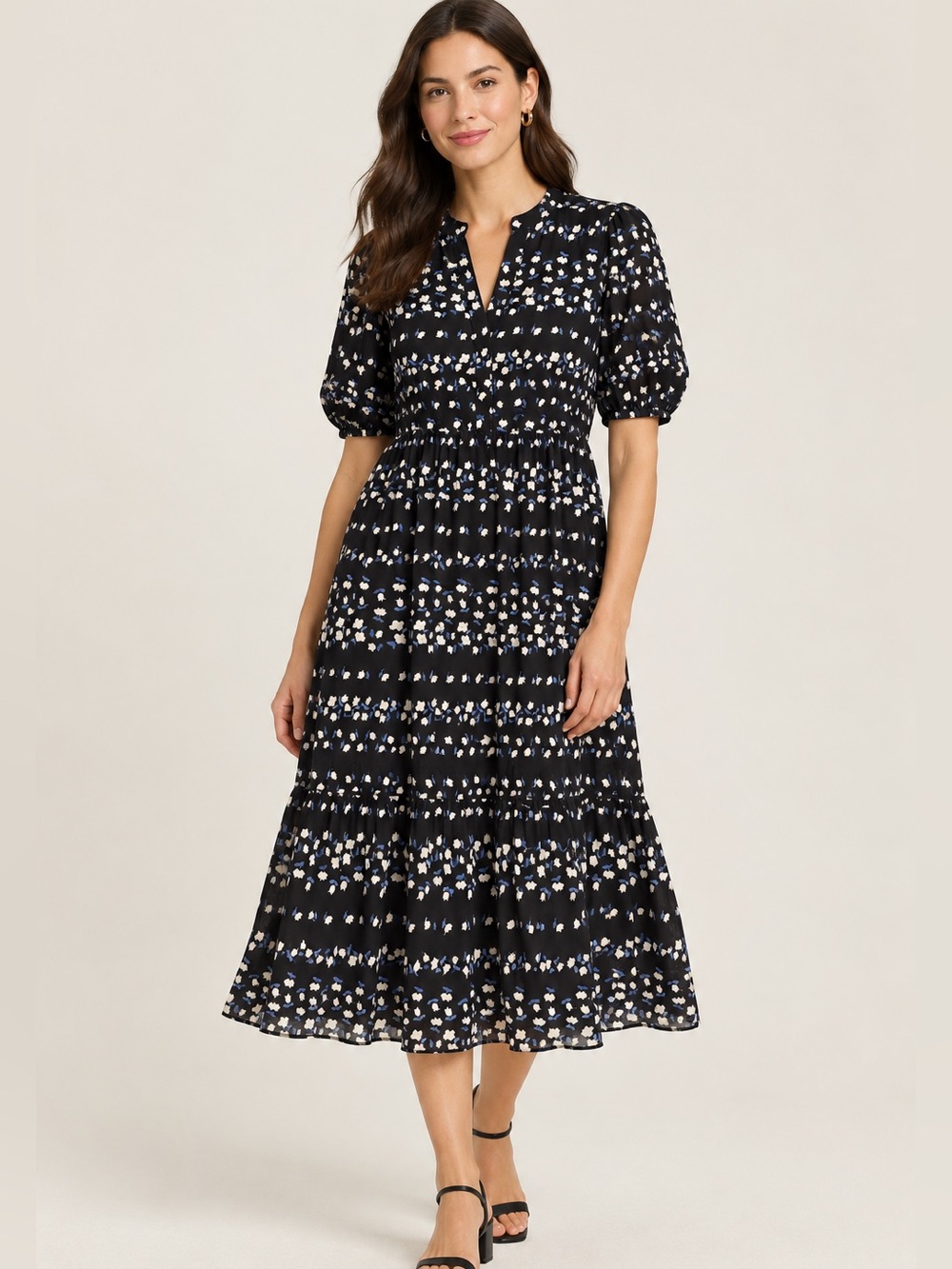 Ann Taylor Petite Black Floral Midi Dress with Puff Sleeves